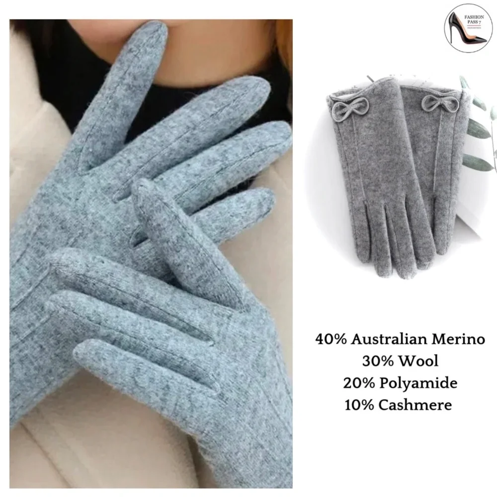 Luxury Cashmere Merino Wool Gloves Classic Grey Driving Winter mittens with bow